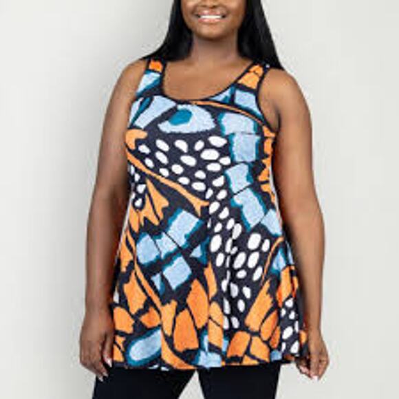 24/7 Comfort Apparel Butterfly Print Scoop Neck Tank Top, orange butterfly 1X - Picture 2 of 5